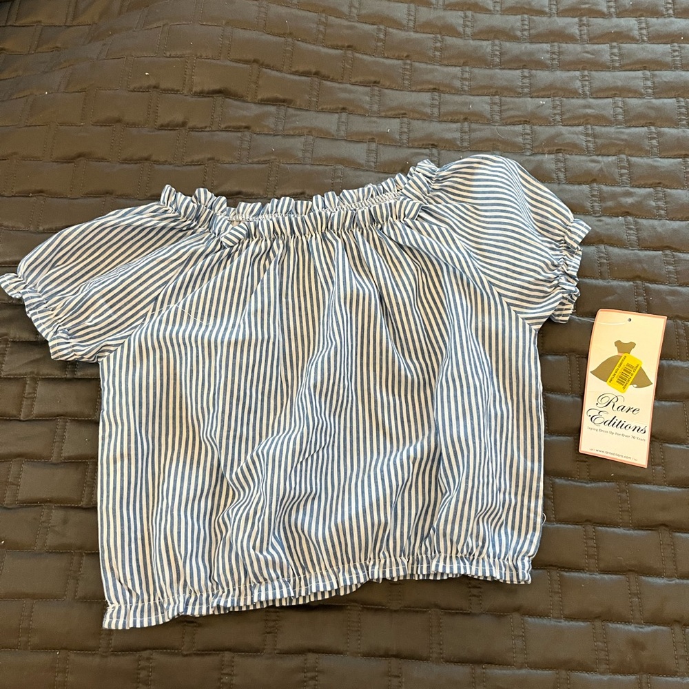 blue and white off shoulder top